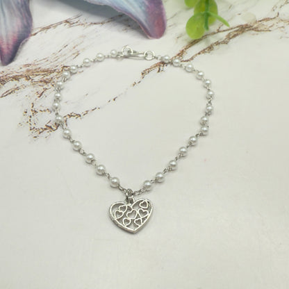 Silver Filigree Heart Charm Pearl Beaded Doll Necklace • 18 Inch Fashion Doll Jewelry