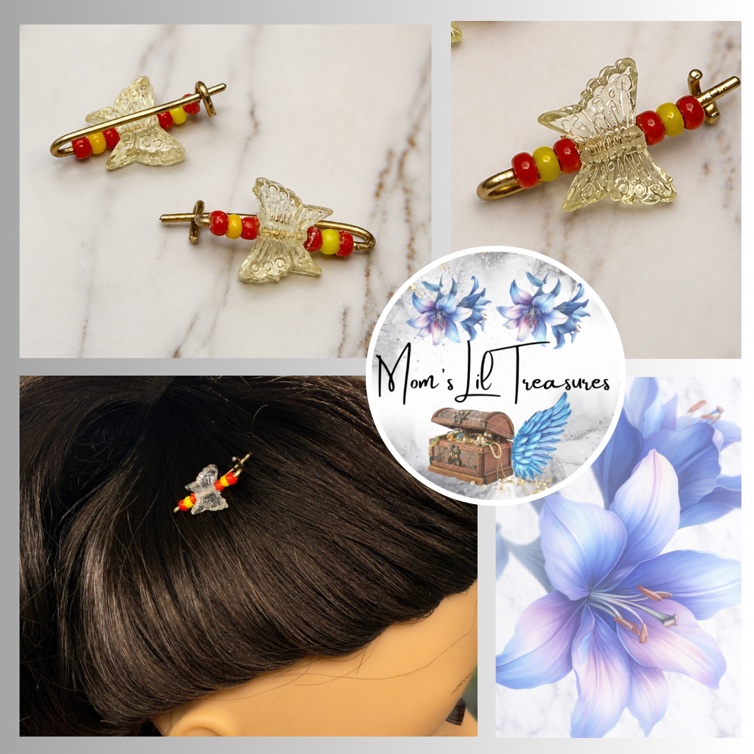 Light Yellow & Red Butterfly Doll Hair Barrettes 14-18” Fashion Dolls • Doll Hair Accessories