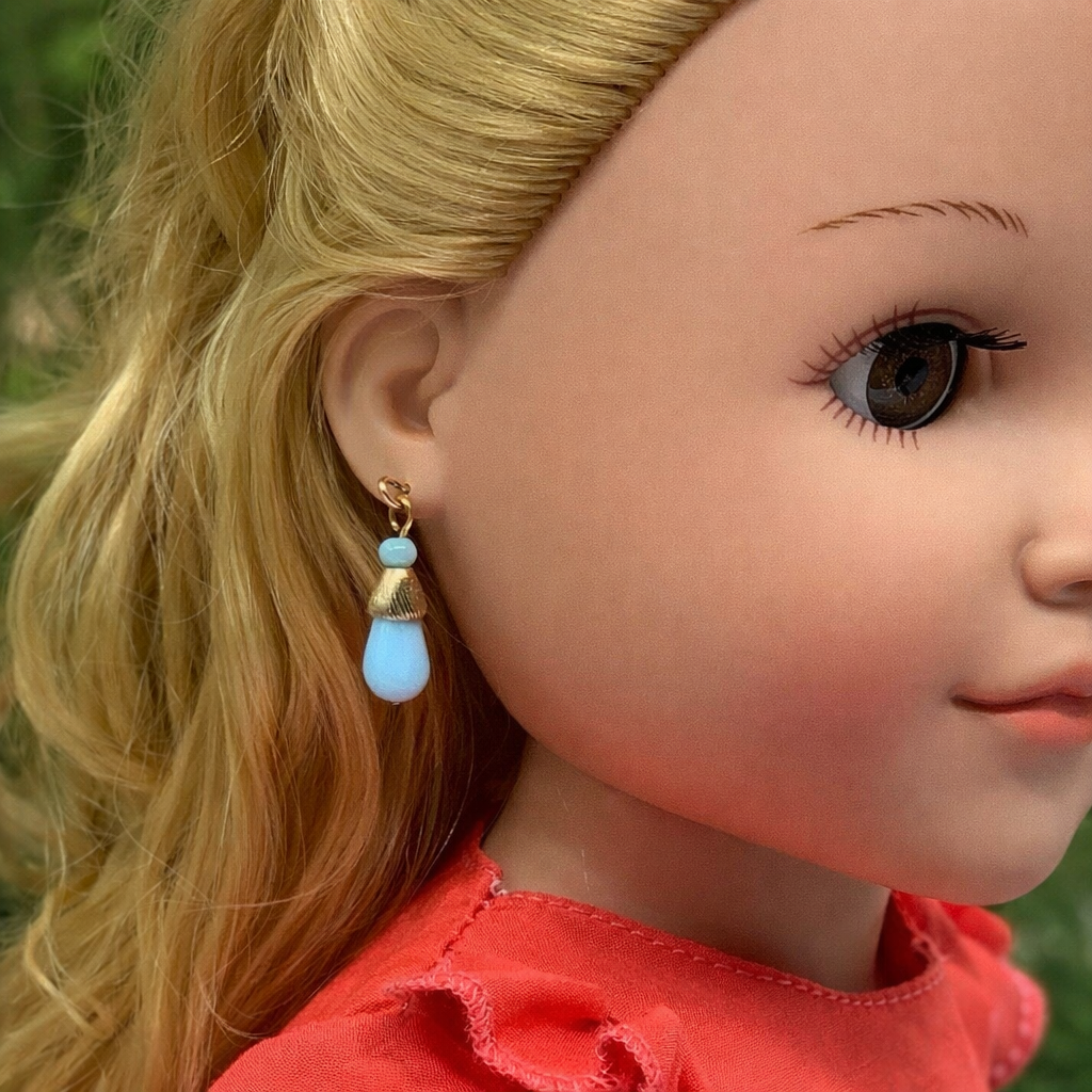 Light Blue Glass Gold Tone Dangle Doll Earrings for 18 Inch Fashion Doll Jewelry • Doll Accessories