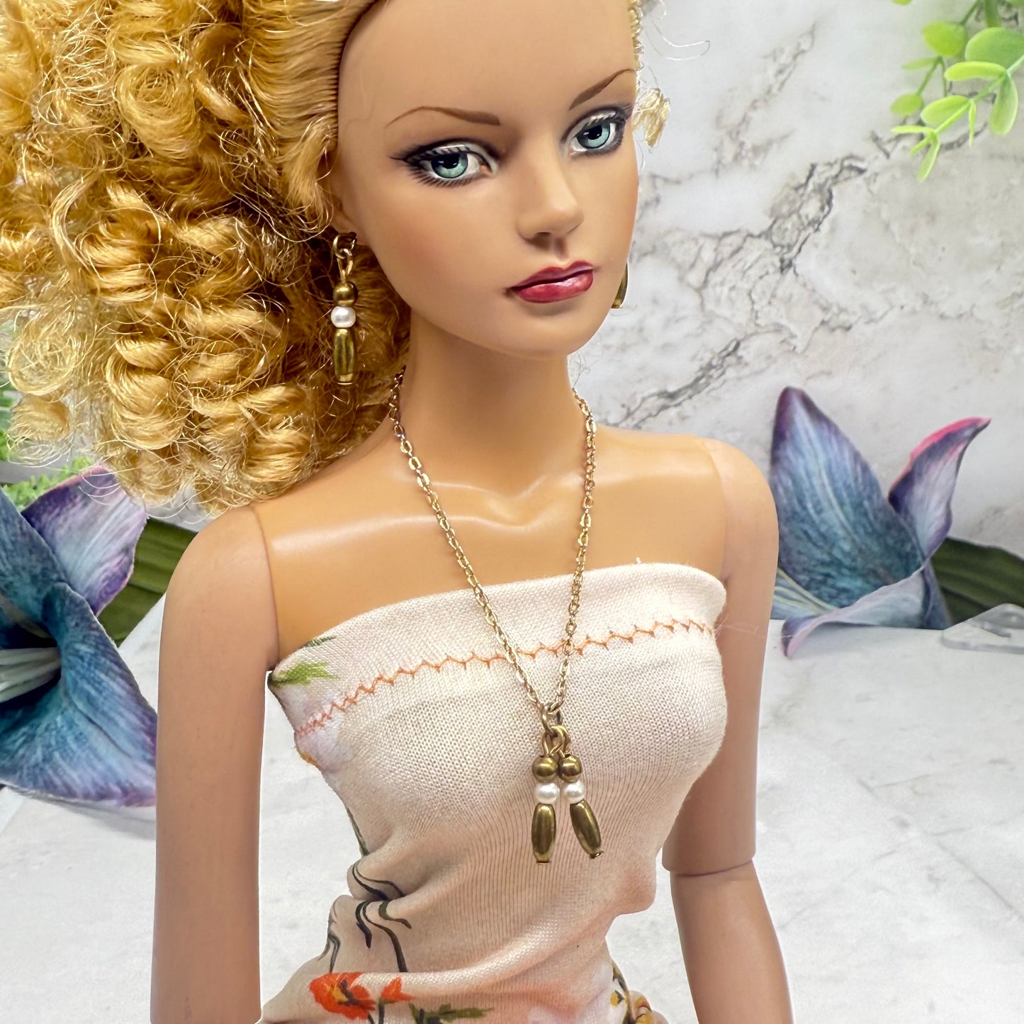 Bronze Brass Tone Pearl & Metal Bead Dangle Doll Necklace Earrings Set • 16 Inch Fashion Doll Jewelry