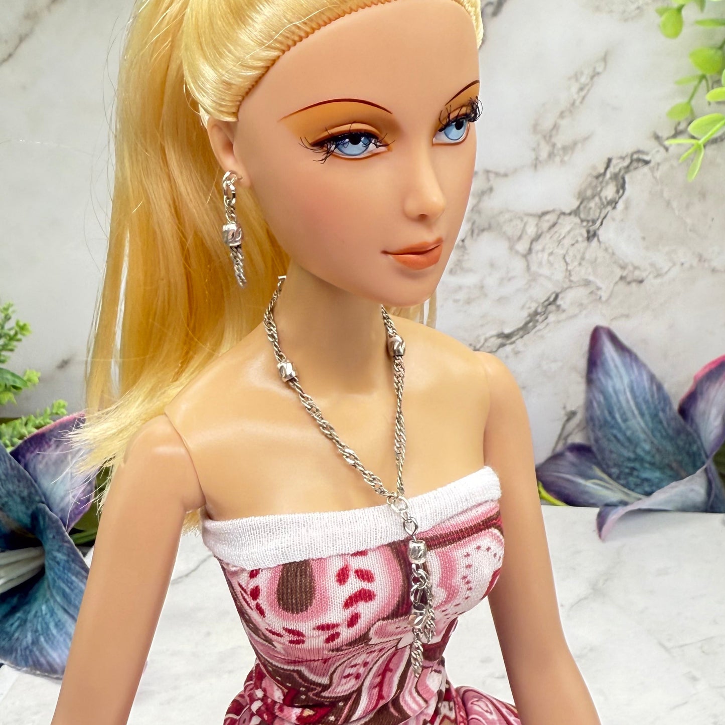 Silver Chain Beaded Tassel Style Doll Necklace & Earring • 16 Inch Fashion Doll Jewelry