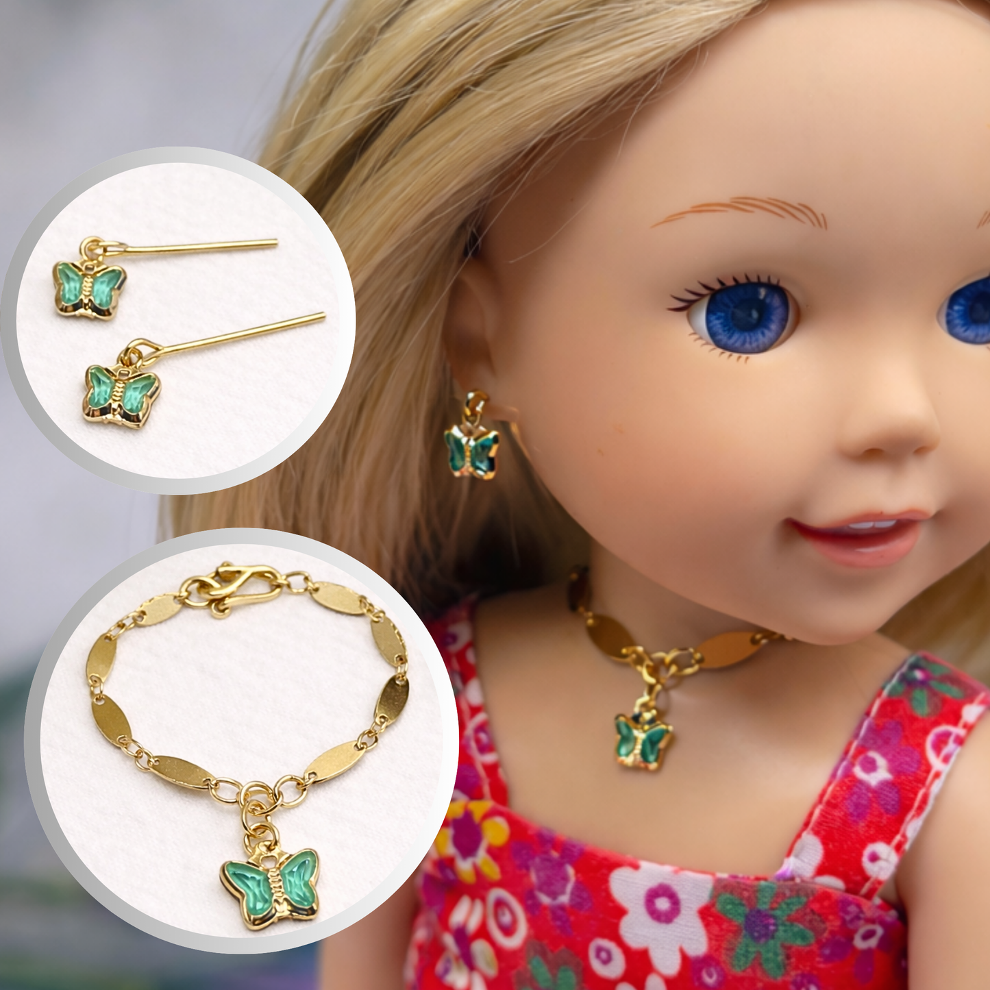 Teal Crystal Butterfly Charm Gold Oval Link Doll Necklace & Earrings • 14 Inch Fashion Doll Jewelry