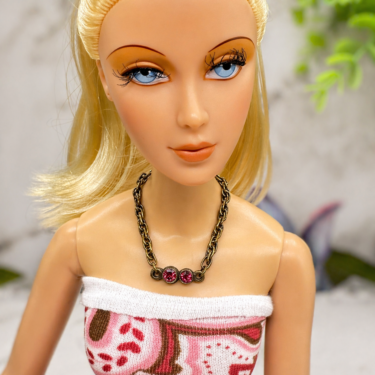 Dark Pink Red Rhinestone Bronze Copper Tone Chain Doll Necklace • 16 Inch Fashion Doll Jewelry