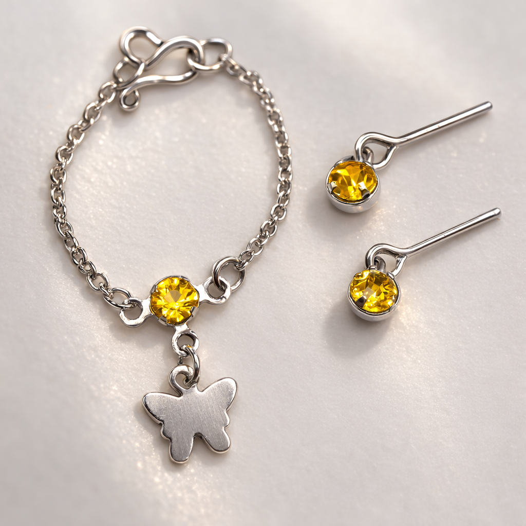 Silver Butterfly Yellow Rhinestone Charm Doll Necklace & Earrings • 10-12 Inch Fashion Doll Jewelry 1:6