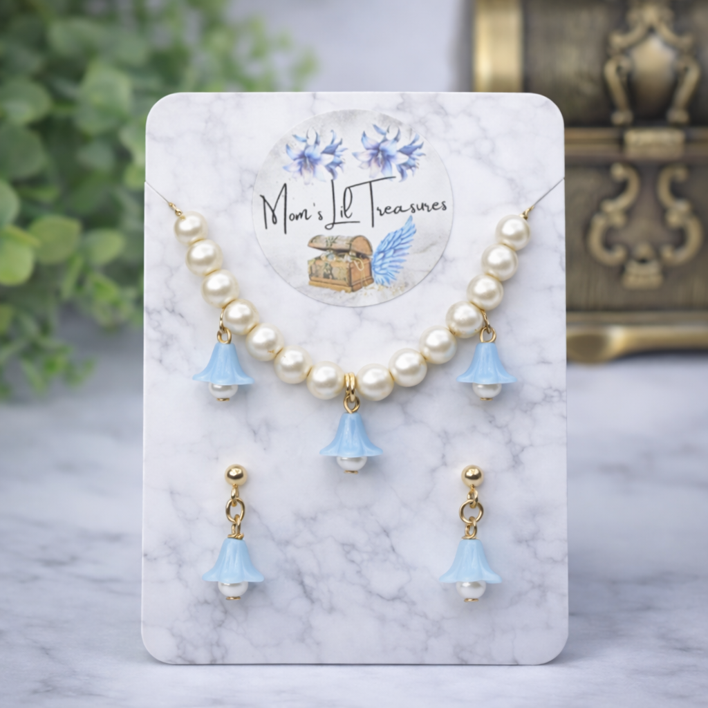 Light Blue Bell Flower Dangle Pearl Beaded Doll Necklace & Earrings • 14 Inch Fashion Doll Jewelry