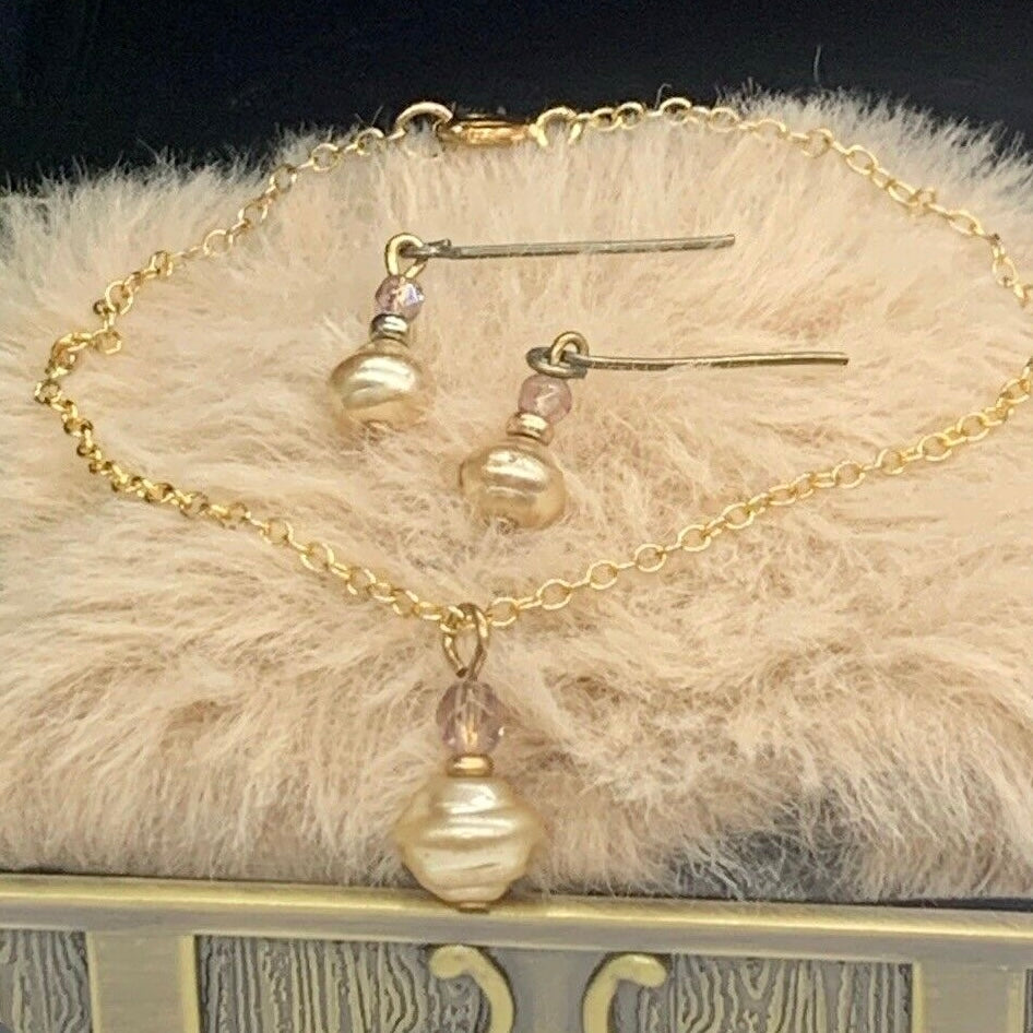 Pearl Pink Crystal Pendant Doll Necklace Earring Set for 18-22 Inch Vintage Doll