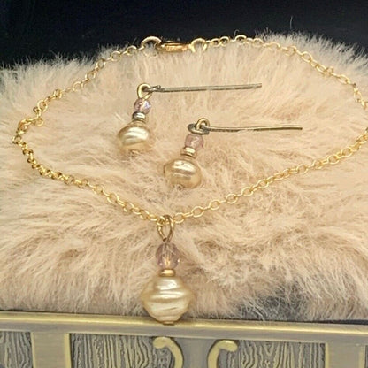 Pearl Pink Crystal Pendant Doll Necklace Earring Set for 18-22 Inch Vintage Doll