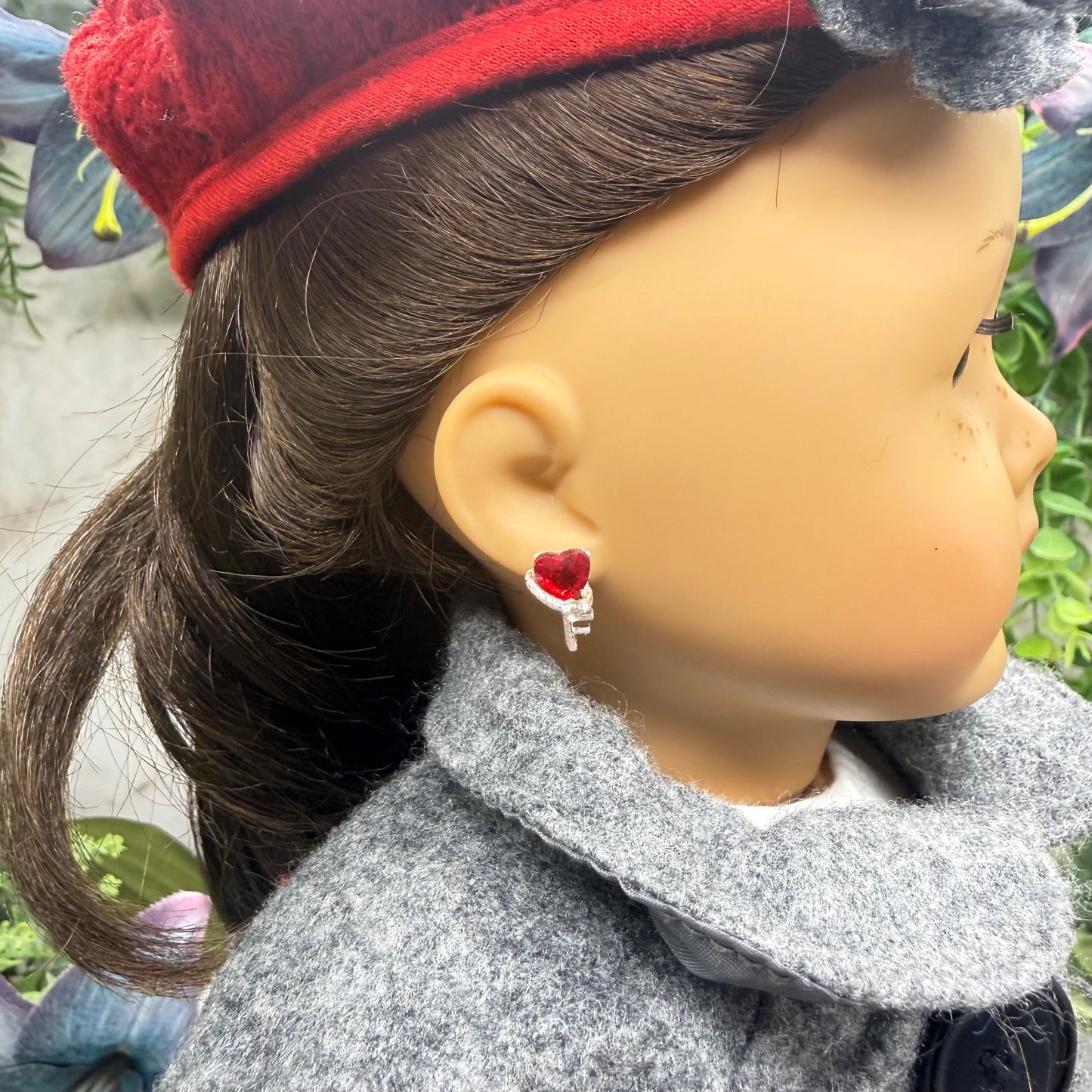 Red Rhinestone Heart Silver Key Post Doll Earrings • 2mm Post for 18 Inch Fashion Doll