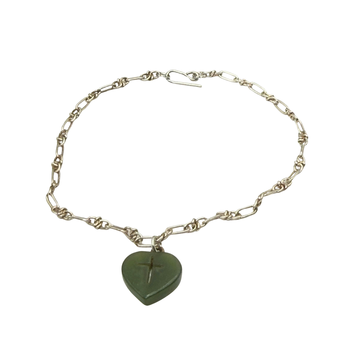 Green Jade Heart Charm with Carved Cross on Silver Chain Doll Necklace • 18 Inch Fashion Doll Jewelry