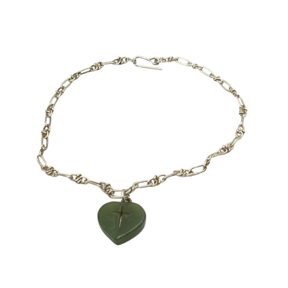 Green Jade Heart Charm with Carved Cross on Silver Chain Doll Necklace • 18 Inch Fashion Doll Jewelry