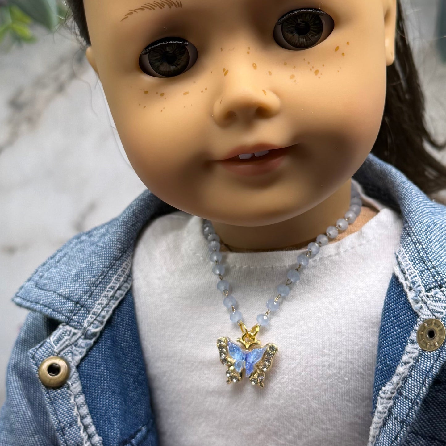 Blue Butterfly Rhinestone Accent Pendant Blue Glass Beaded Doll Necklace • 18 Inch Fashion Doll Jewelry