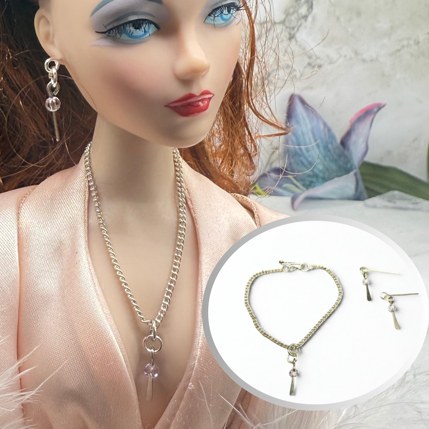 Silver & Clear Crystal Dangle Doll Necklace & Earrings • 16 Inch Fashion Doll Jewelry