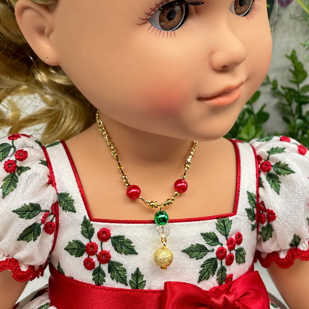 Red Green Christmas Pearl Bead Gold Chain Doll Necklace • 18 Inch Fashion Doll Jewelry