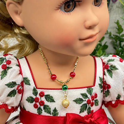 Red Green Christmas Pearl Bead Gold Chain Doll Necklace • 18 Inch Fashion Doll Jewelry