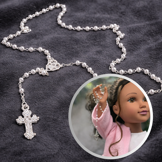White Pearl Beaded Silver Chain & Cross Catholic Doll Rosary for 18-22” Dolls