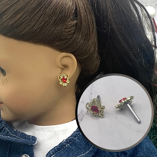 Gold Filigree Heart Red Rhinestone Doll Earrings 2mm Post fit 18” American Girl