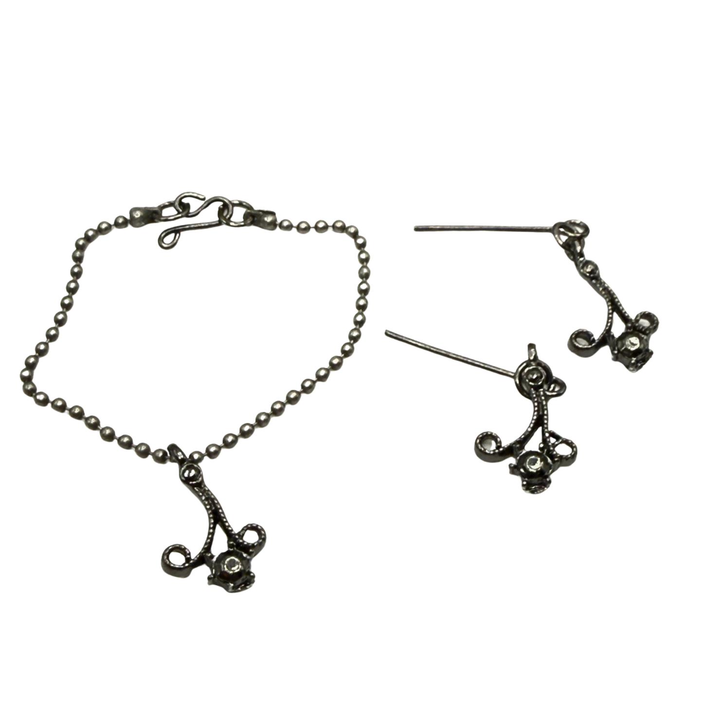 Black Dark Scroll Design Gray Metallic Rhinestone Ball Chain Doll Necklace & Earrings • 16 Inch Fashion Doll Jewelry