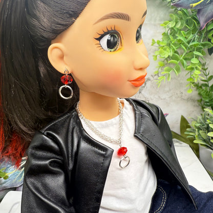 Red Acrylic Crystal Silver Circle Dangle Doll Necklace & Earrings • 18 Inch Fashion Doll Jewelry
