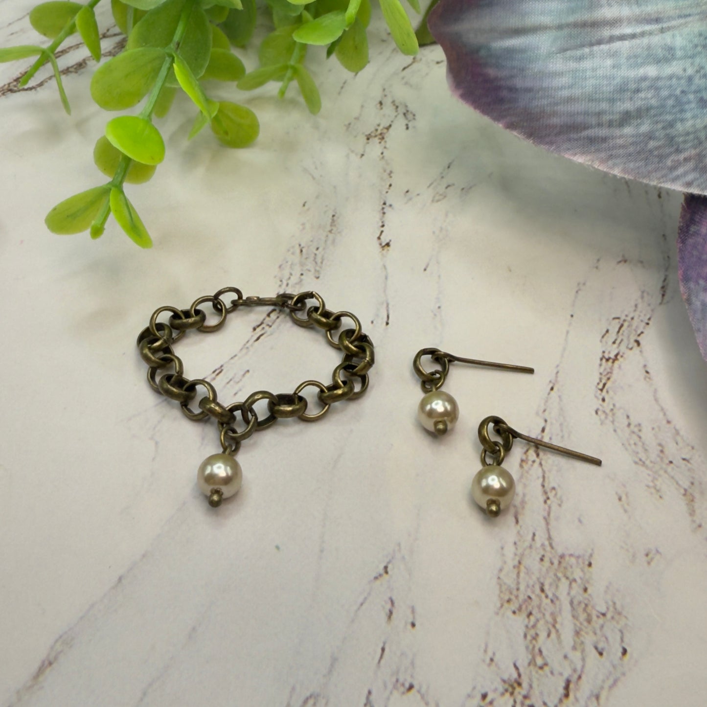 Brass Bronze Large Link Pearl Dangle Doll Necklace & Earrings Set • 16 Inch Fashion Doll Jewelry