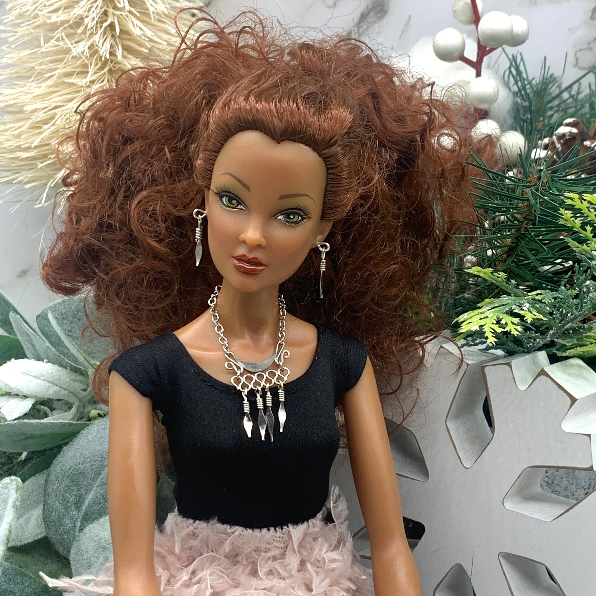 Silver Dangle Statement Doll Necklace Matching Earring Set • 16” Doll Jewelry