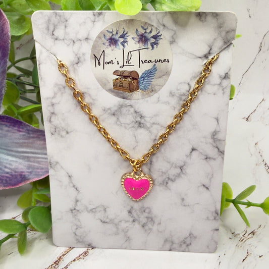 Pink LOVE Heart Charm Gold Chain Doll Necklace • 18 Inch Fashion Doll Jewelry