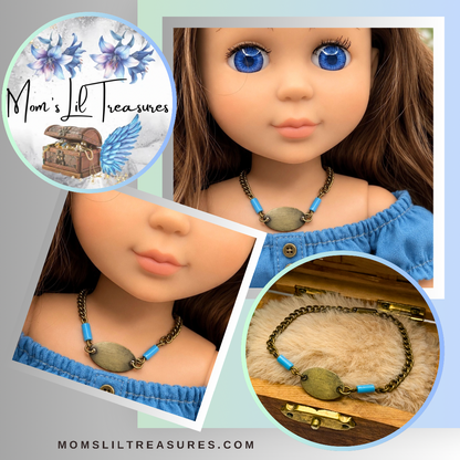 Turquoise Blue Brass Gold Oval Pendant Doll Necklace • 14 inch Fashion Doll