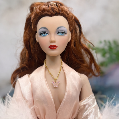 Light Pink Iridescent Acrylic Butterfly Charm Gold Doll Necklace for 16 Inch Fashion Dolls