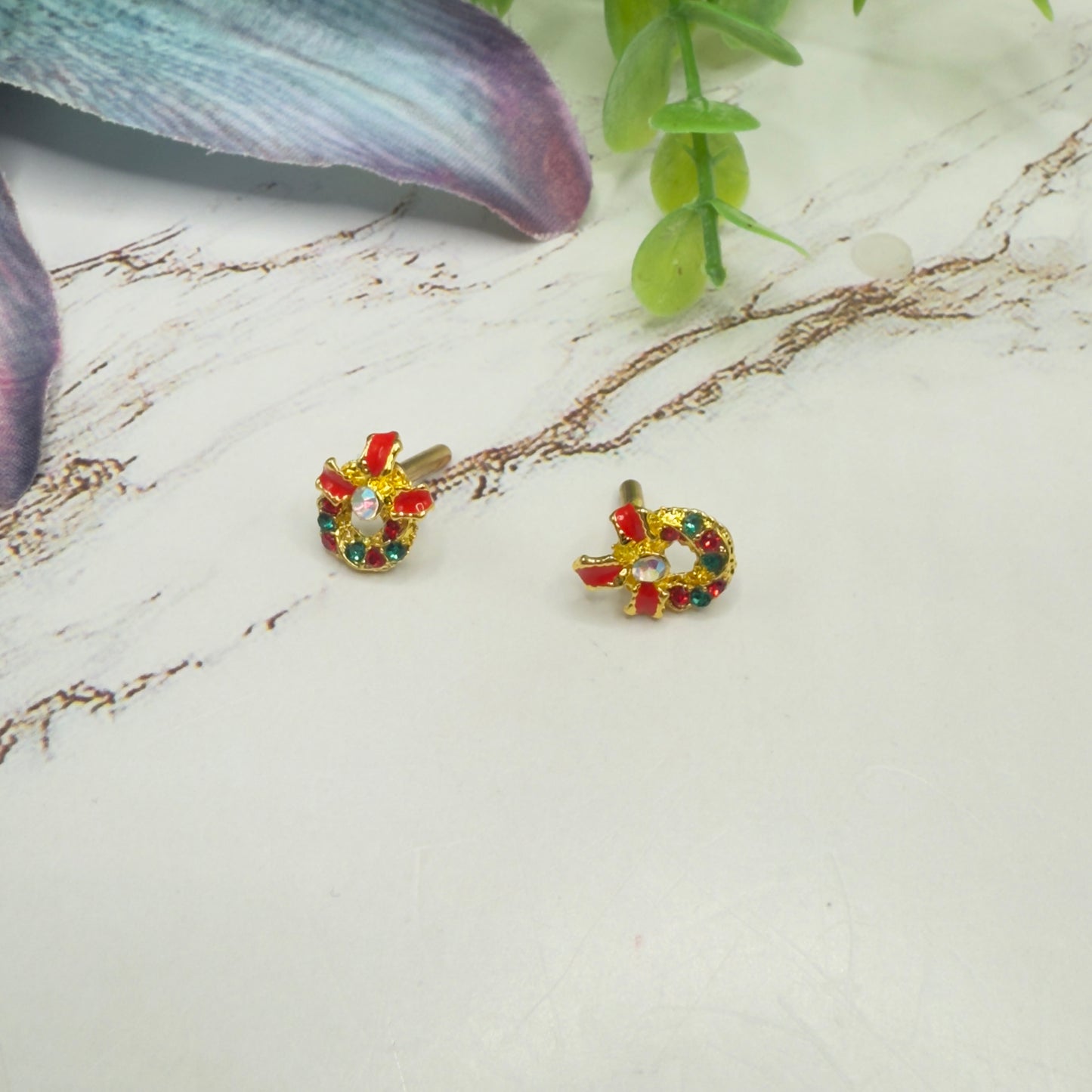 Christmas Wreath Gold Post Doll Earrings • 2mm Post for 18 Inch Fashion Doll