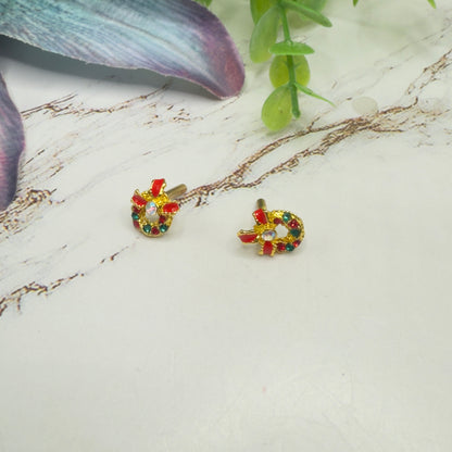 Christmas Wreath Gold Post Doll Earrings • 2mm Post for 18 Inch Fashion Doll