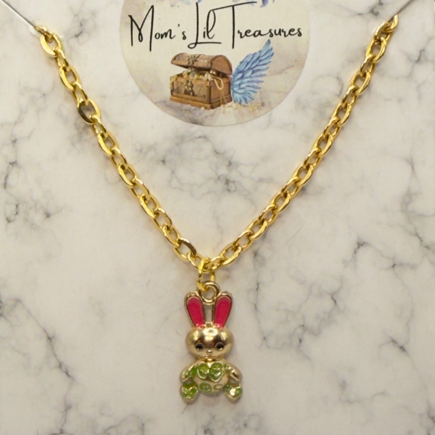 Bunny Pink & Green Enamel Detail Charm Doll Necklace Easter • 18 Inch Fashion Doll Jewelry
