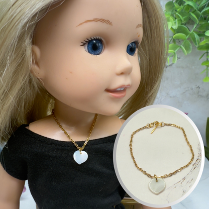 Mother of Pearl Heart Charm Gold Chain Doll Necklace • 14 Inch Doll Jewelry
