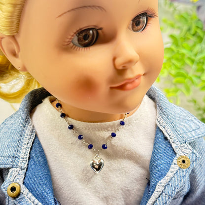 Blue Crystal Beaded Silver Heart Charm Doll Necklace • 18 Inch Fashion Doll Jewelry