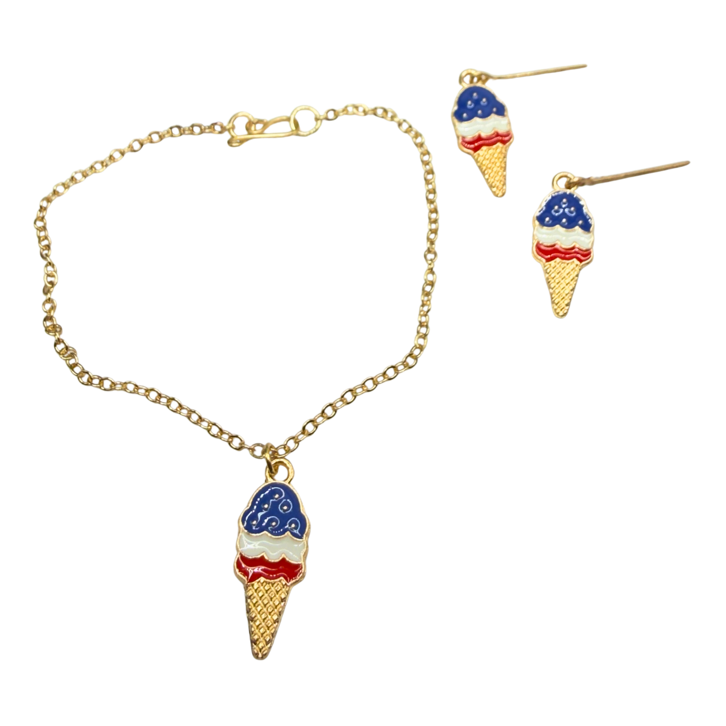 Red White Blue Patriotic Ice Cream Cone Charm Doll Necklace & Earrings Set for 18 Inch Fashion Doll