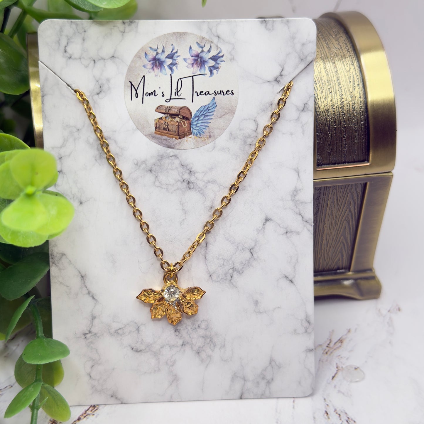 Textured Leaf Clear Rhinestone Gold Pendant Doll Necklace • 18 Inch Fashion Doll Jewelry