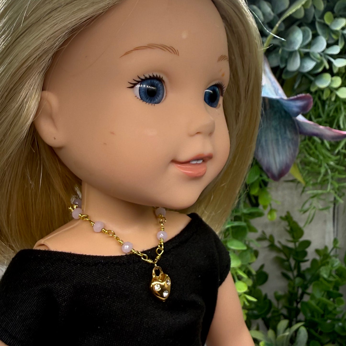 Light Pink Glass Bead Gold Heart Charm Doll Necklace • 14 Inch Fashion Doll Jewelry