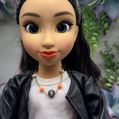 Skull Bones Halloween Silicone Beaded Gold Chain Doll Necklace • 18 Inch Fashion Doll Jewelry