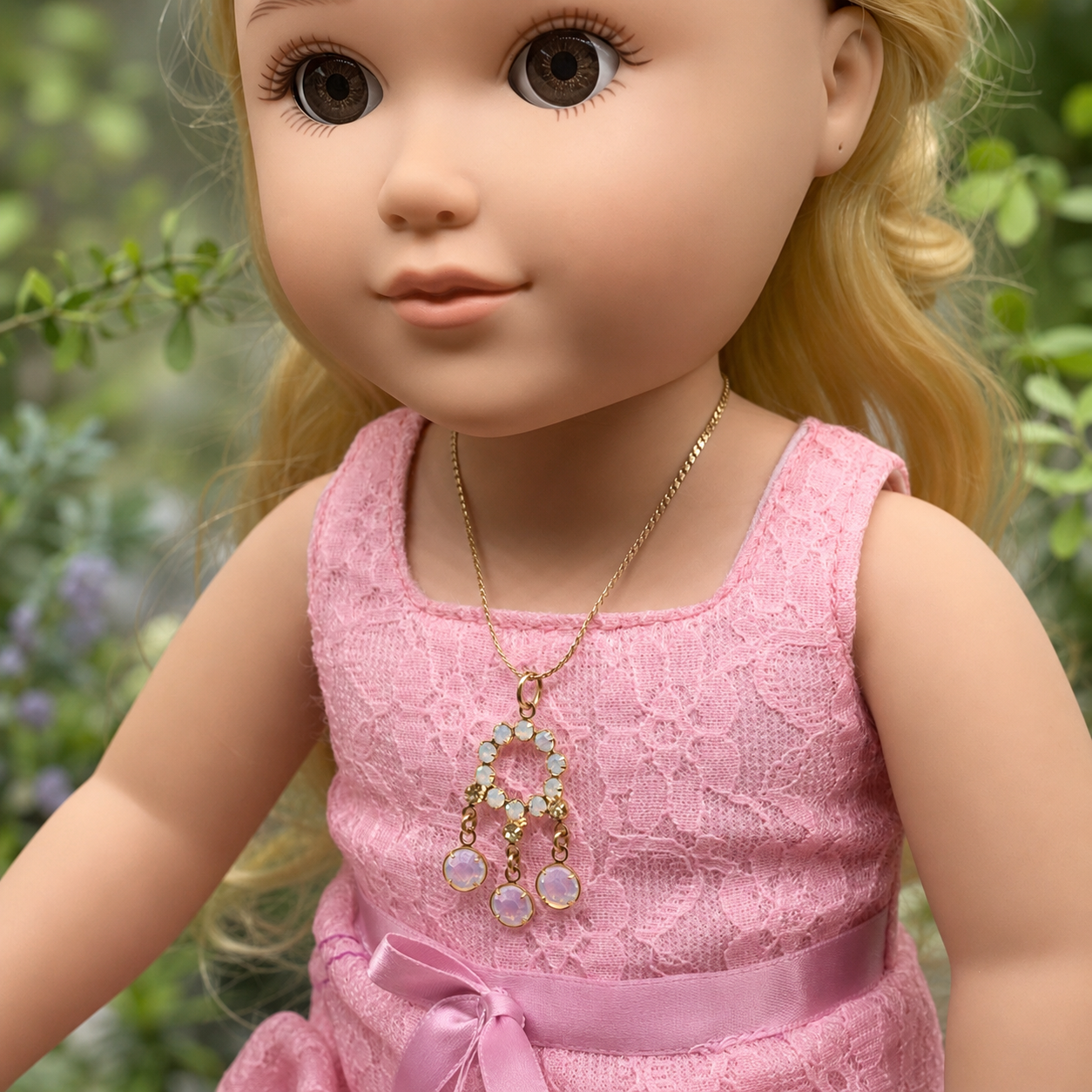 Crystal Rhinestone Gold Dangle Pendant Doll Necklace • 18” Fashion Doll Jewelry