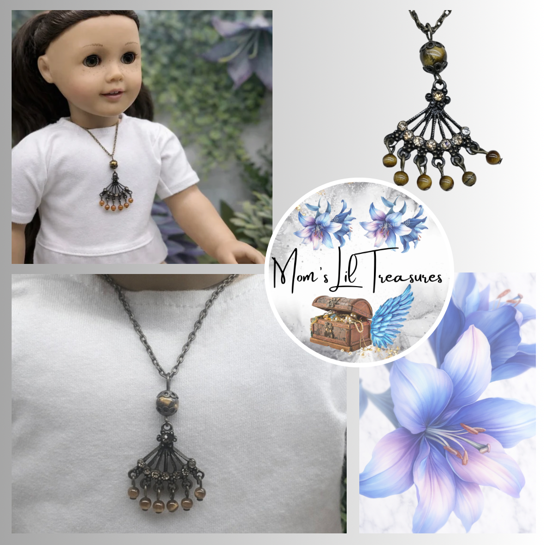 Bronze Fan Design Brown Bead Dangle Pendant Doll Necklace • 18 inch Doll Jewelry