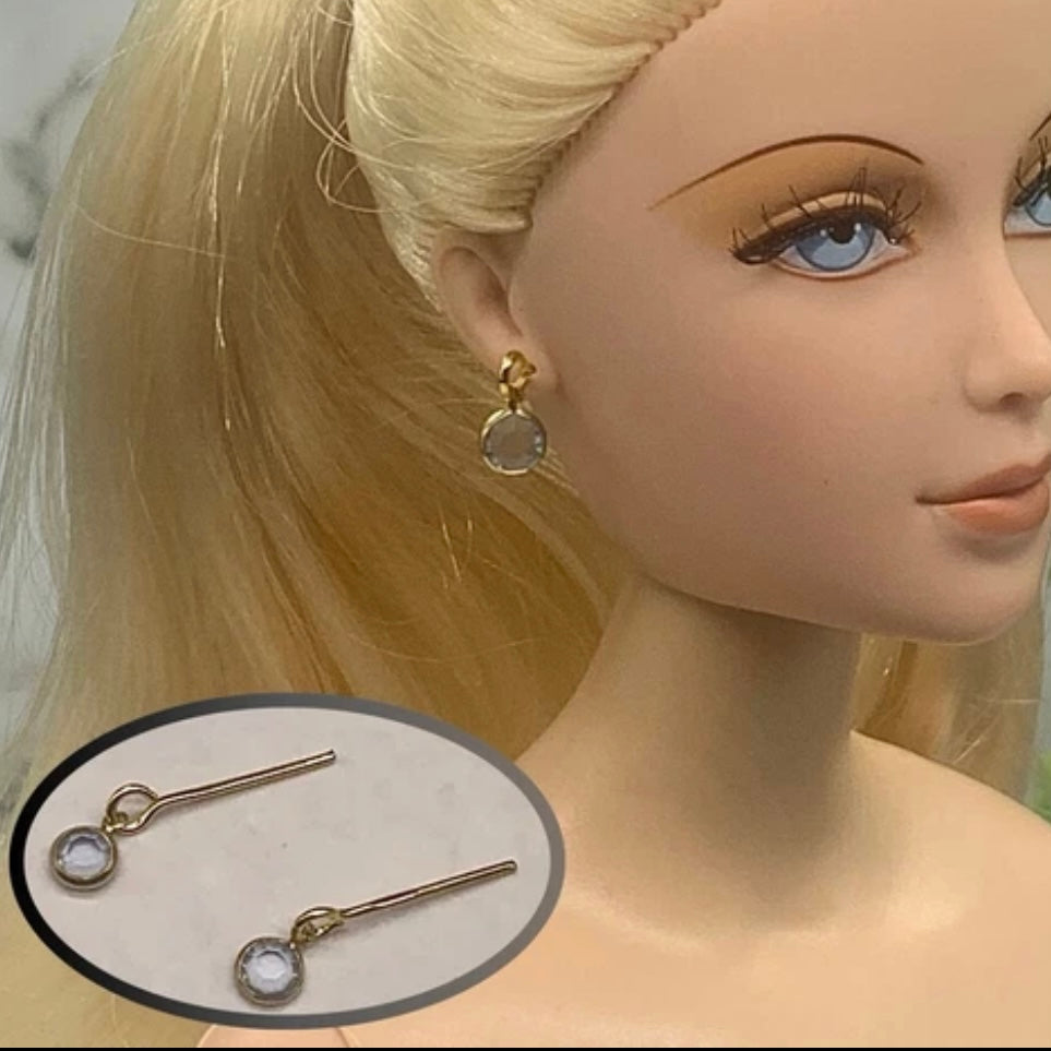 Round Blue Crystal Gold Dangle Doll Earrings •  16” Doll Jewelry