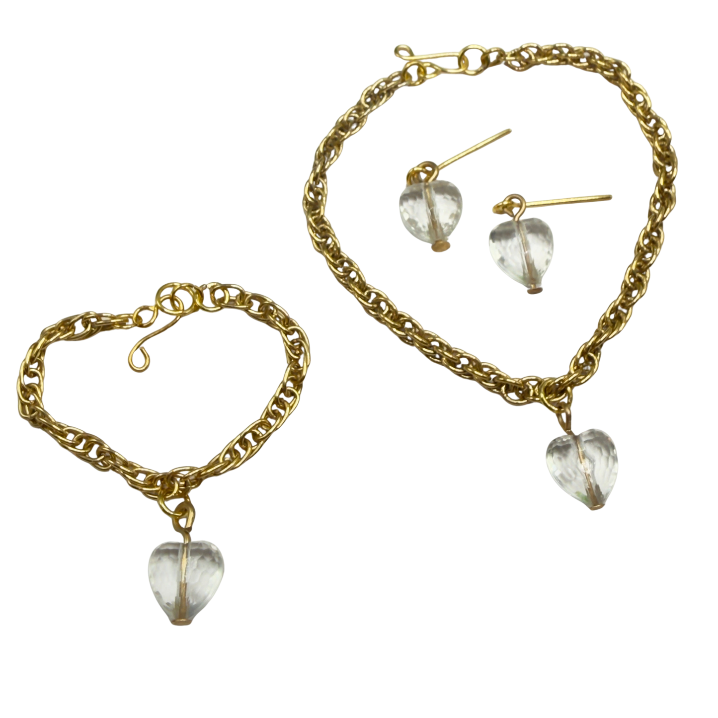 Clear Heart Charm Gold Chain Doll Necklace Bracelet & Earrings • 18 Inch Fashion Doll Jewelry