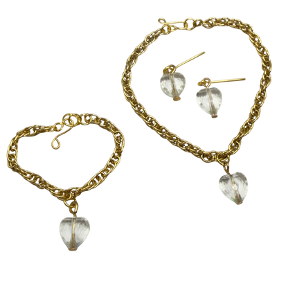 Clear Heart Charm Gold Chain Doll Necklace Bracelet & Earrings • 18 Inch Fashion Doll Jewelry