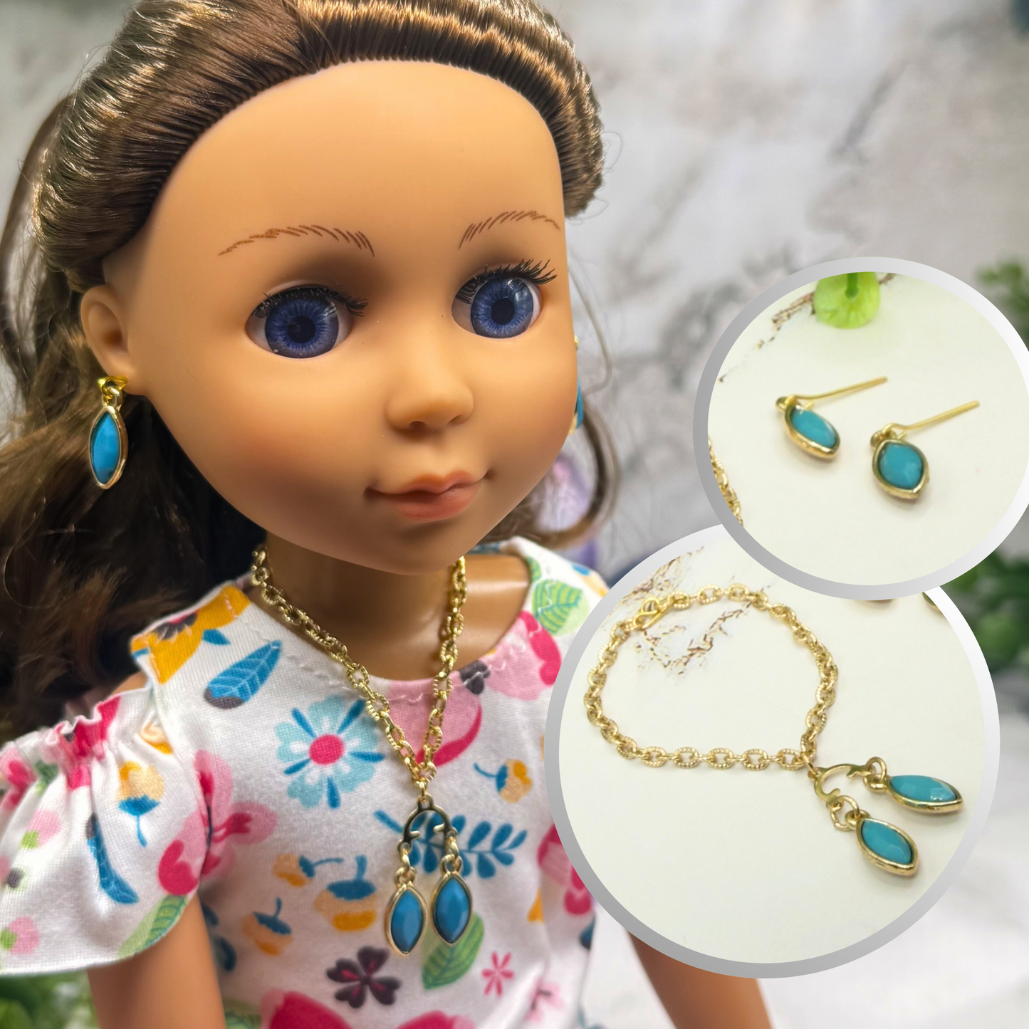 Turquoise Green Rhinestone Dual Pendant Gold Chain Dangle Doll Necklace & Earrings • 14 Inch Fashion Doll Jewelry