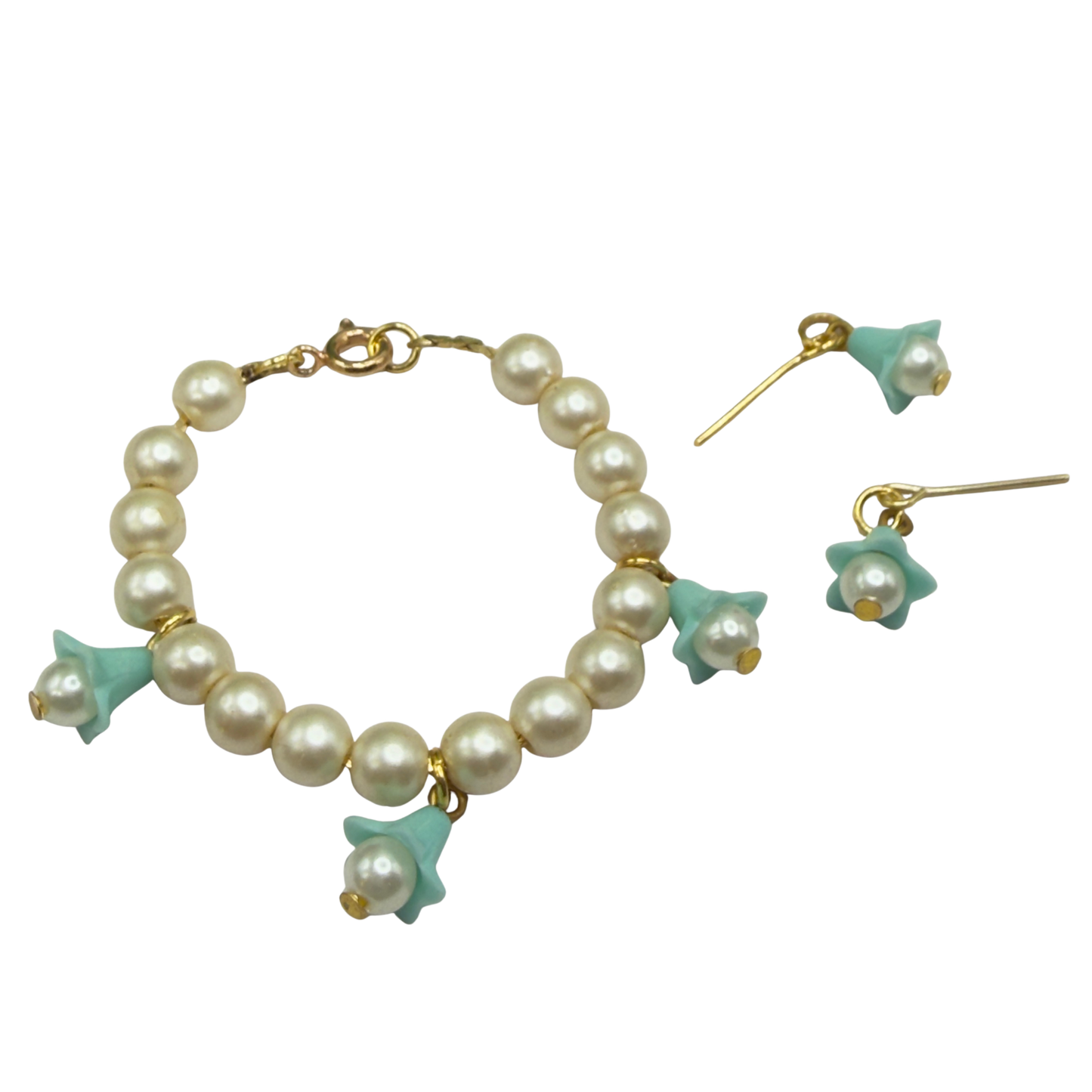 Turquoise Blue Bell Flower Dangle Pearl Beaded Doll Necklace & Earrings • 14 Inch Fashion Doll Jewelry