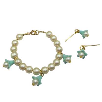 Turquoise Blue Bell Flower Dangle Pearl Beaded Doll Necklace & Earrings • 14 Inch Fashion Doll Jewelry