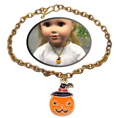 Jack-O-Lantern Halloween Pumpkin Charm Gold Chain Doll Necklace • 18 Inch Fashion Doll Jewelry