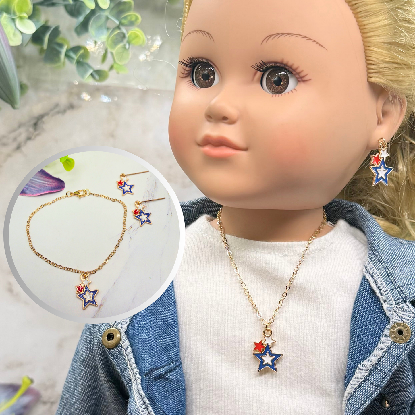 Red White Blue Multi Star Charm Doll Necklace & Earrings Set for 18 Inch Fashion Doll
