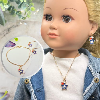 Red White Blue Multi Star Charm Doll Necklace & Earrings Set for 18 Inch Fashion Doll
