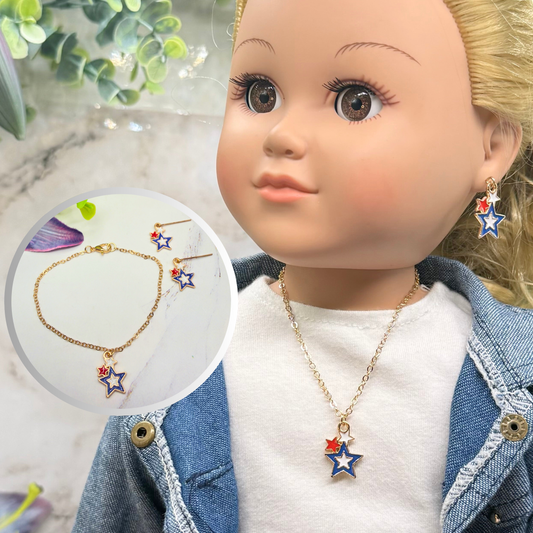 Red White Blue Multi Star Charm Doll Necklace & Earrings Set for 18 Inch Fashion Doll