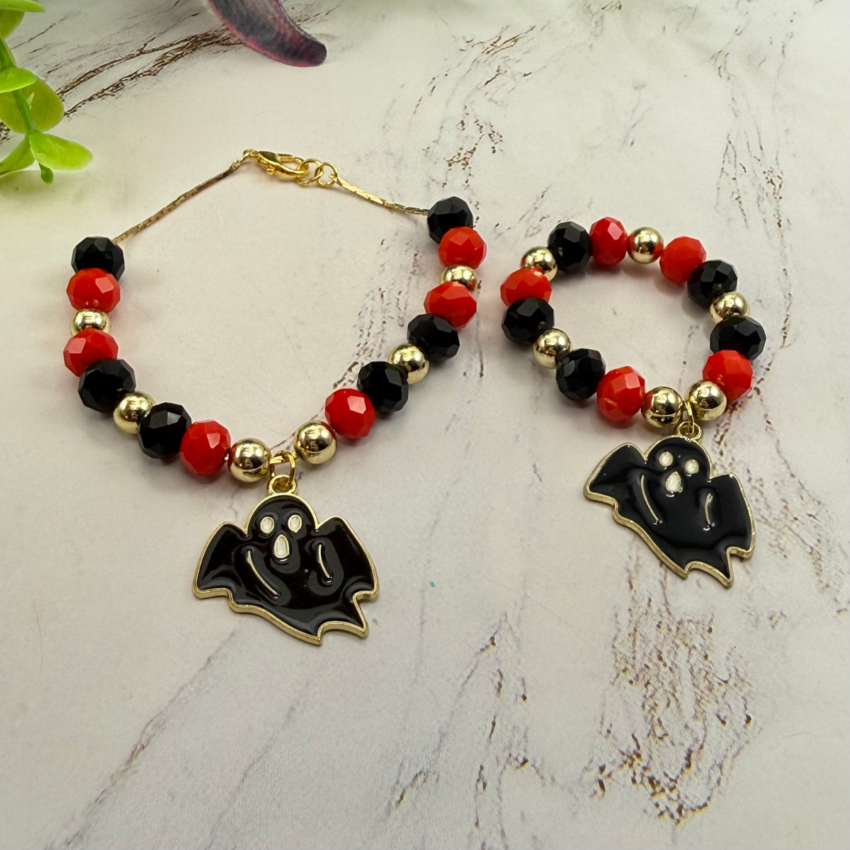 Halloween Black Ghost Charm Red Black Gold Beaded Necklace & Bracelet Set | for 18 Inch Fashion Dolls