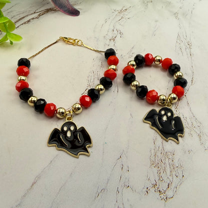 Halloween Black Ghost Charm Red Black Gold Beaded Necklace & Bracelet Set | for 18 Inch Fashion Dolls